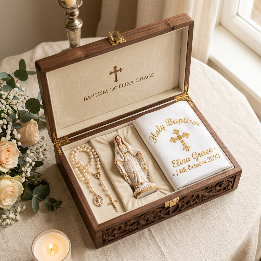 Kit de Batismo com Imagem de Santo e Toalha Bordada