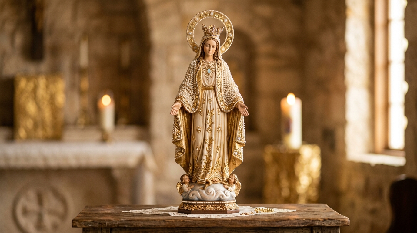 Nossa Senhora customizada com pérolas e acabamento em ouro