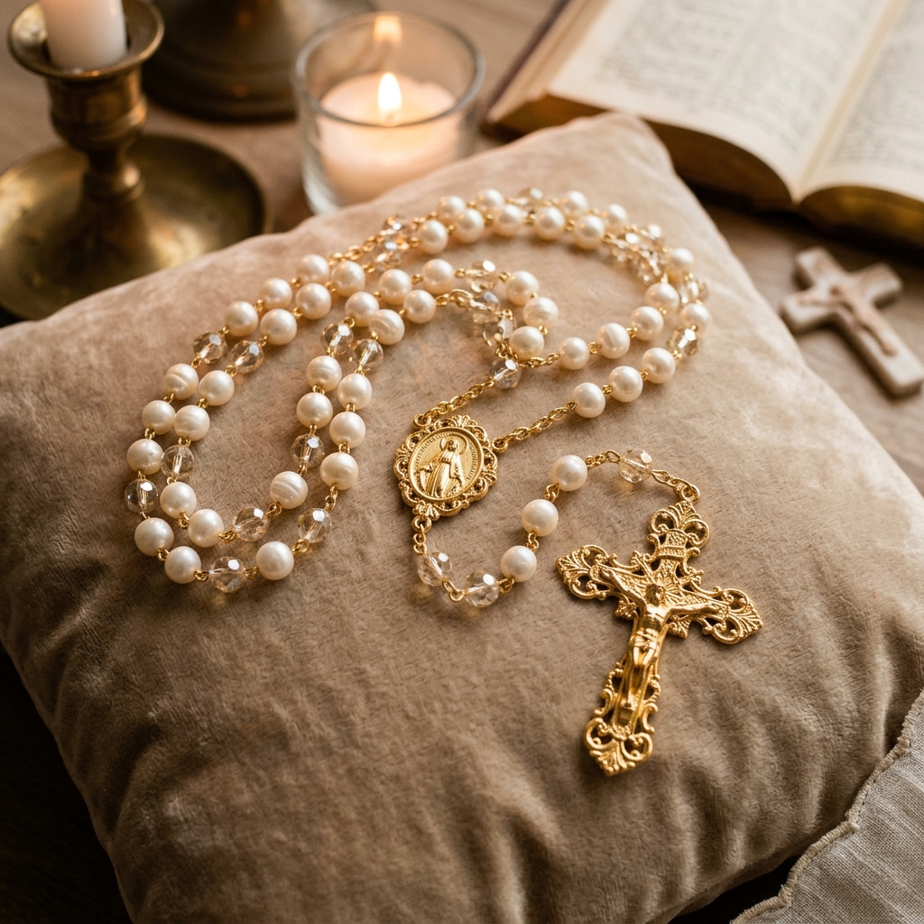 Terço de Luxo com Pérolas e Crucifixo Dourado